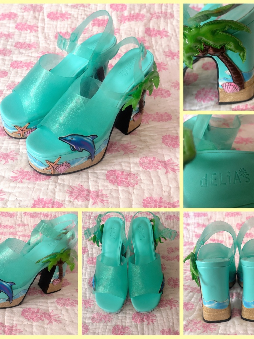 dELiA*s Aqua Dolphin & Palm Tree Platform Sandals Size 11